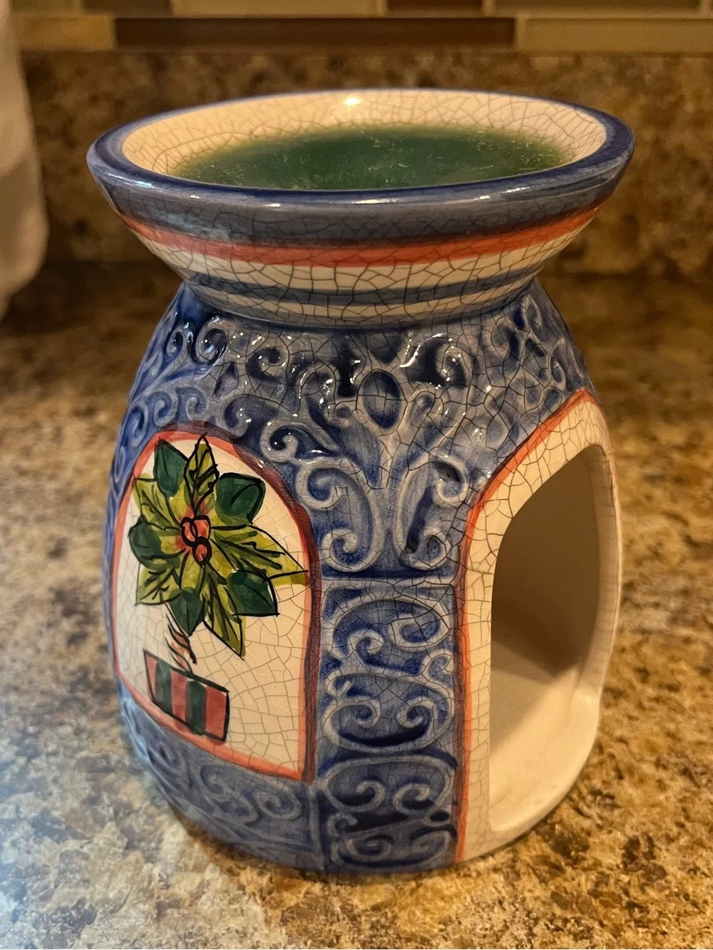 Blue Ceramic Tart Warmer with Holiday Greenery Motif